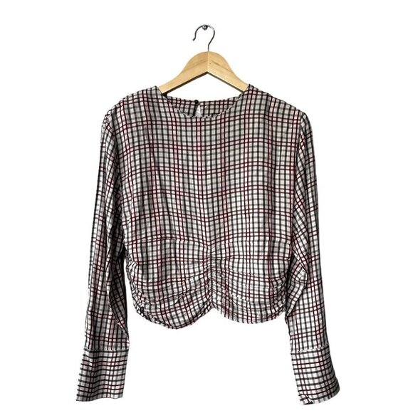 Zara‎ Plaid Cropped Top Size L Preppy Dark Academia Ruched Office Scalloped Hem - Picture 4 of 12